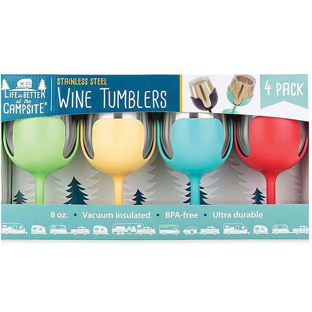 Camco 53068 Wine Tumblers, 8 oz., Pink, Blue, Green & Yellow, 4/pk