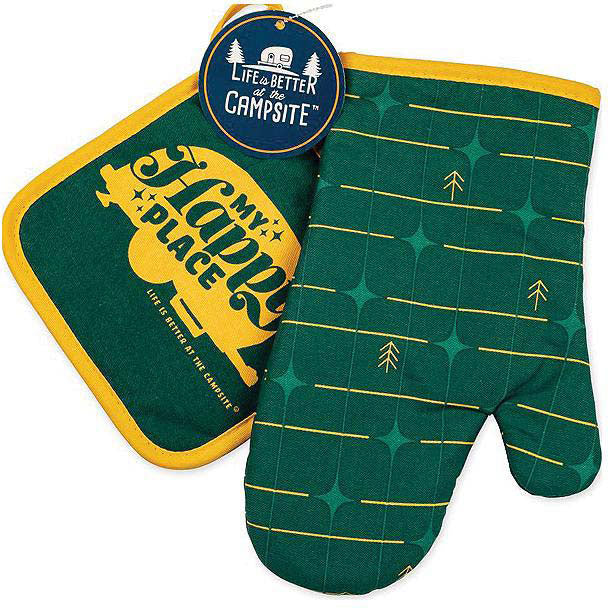 Camco 53124 Green Grid Oven Mitt/Dark Blue Pot Holder Set
