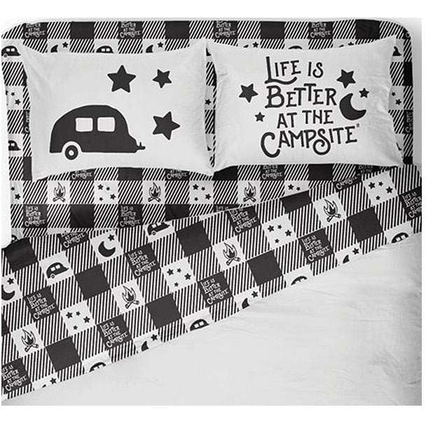 Camco 53474 Bed Sheets, King, Buffalo Plaid, Blk/White