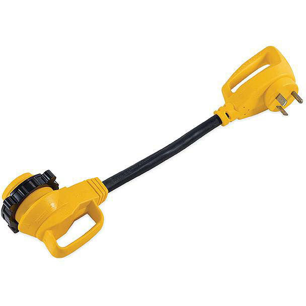 Camco 55522 90 Degree Powergrip Locking Adapter, 18", 30A Female Locking / 30A Male Std