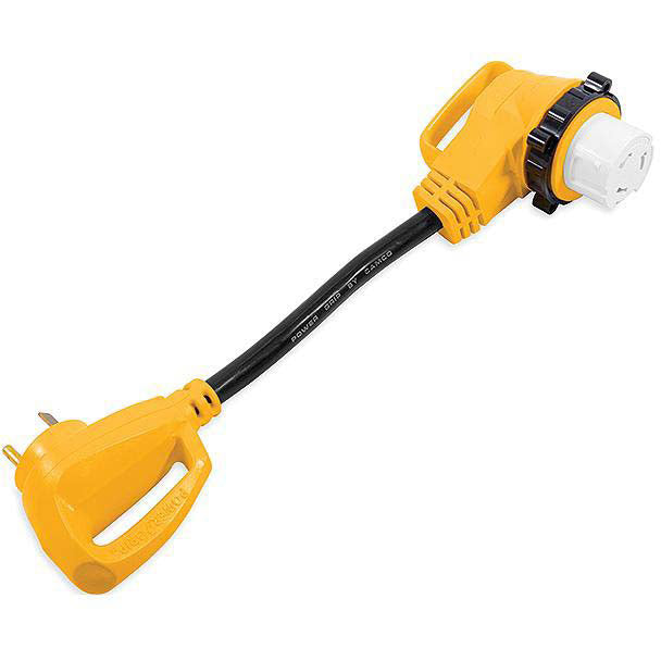 Camco 55582 90 Degree Powergrip Locking Adapter, 18", 50A Female Locking / 30A Male Std