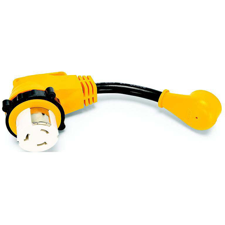 Camco 55638 90 Degree Powergrip Locking Dogbone Adapter, 15A to 50A