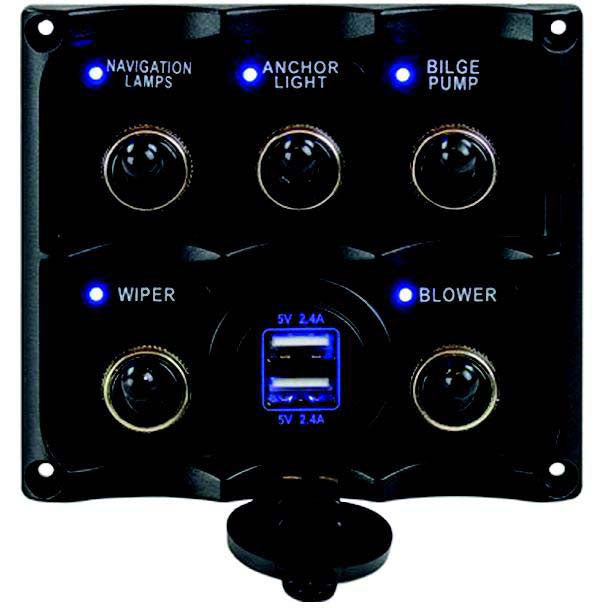 Seadog 424617-1 Water Resistant Toggle Switch Panel w/5 Switches & USB Power Stocket