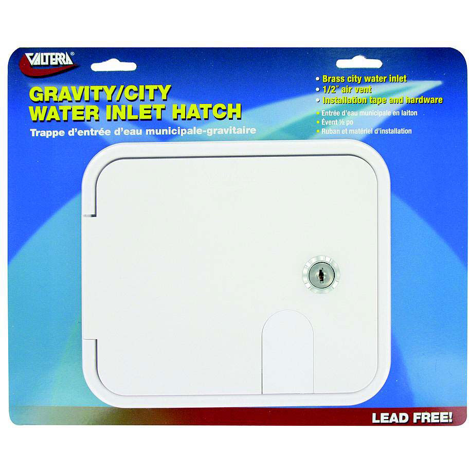 Valterra Gravity Brass City 1/2" Air Vent RV Water Inlet & Lockable Hatch & Includes Hardware & Installation Tape, White