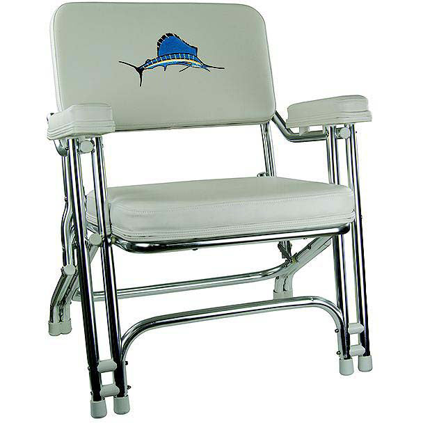 Springfield 1080021EMB Deck Folding Chair, White w/Embroidered Back