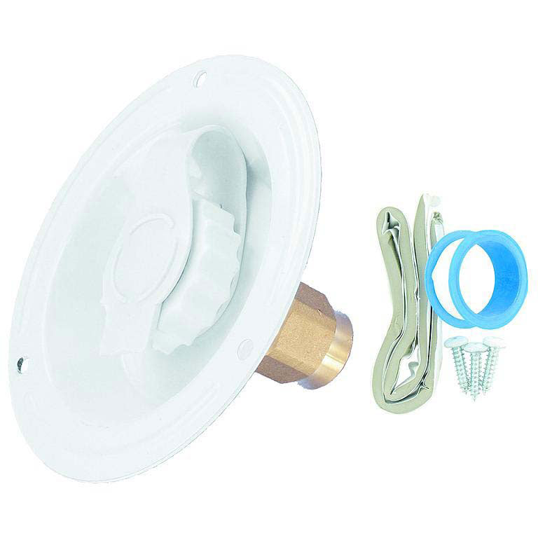Valterra Brass Check Valve 1/2" FPT Recessed RV Water Inlet & Includes Tape, Male Nipple & Hardware, White, Carded