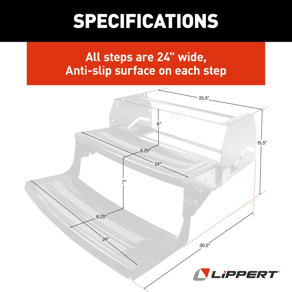 RV Steps, 24" Wide, Radius, Steel, Manual Deploy, Double Step (2)