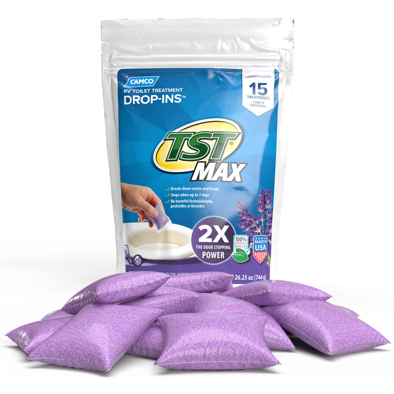 Camco TST Max RV Toilet Treatment Drop Ins, Lavender Scent 15 Per Bag, 41559