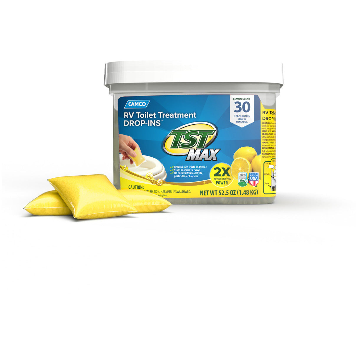 Camco TST Max Marine/RV Toilet Treatment Drop Ins, Lemon Scent 30 Per Bucket