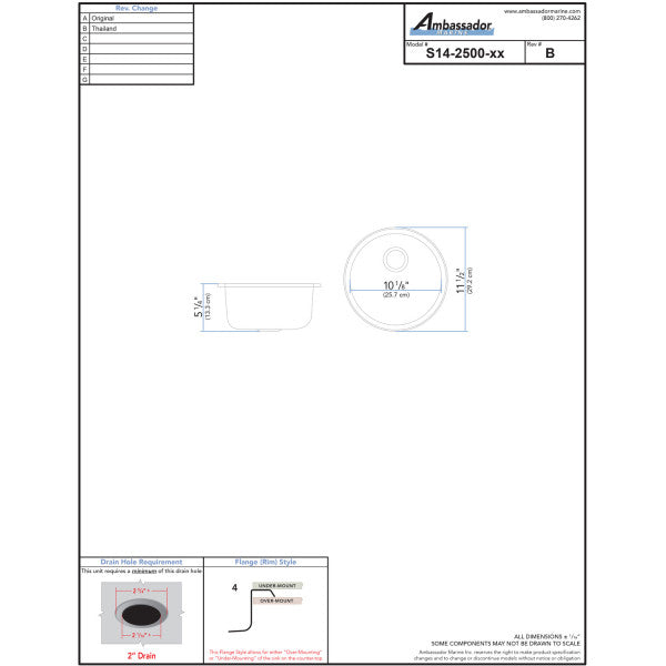 Cylinder Sink 304 Stainless Steel, 2 inch Drain