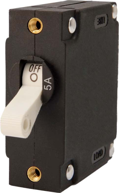 A Series White Toggle Panel Mount Circuit Breaker, Single Pole AC/DC, 5 Amp, Retail Pack