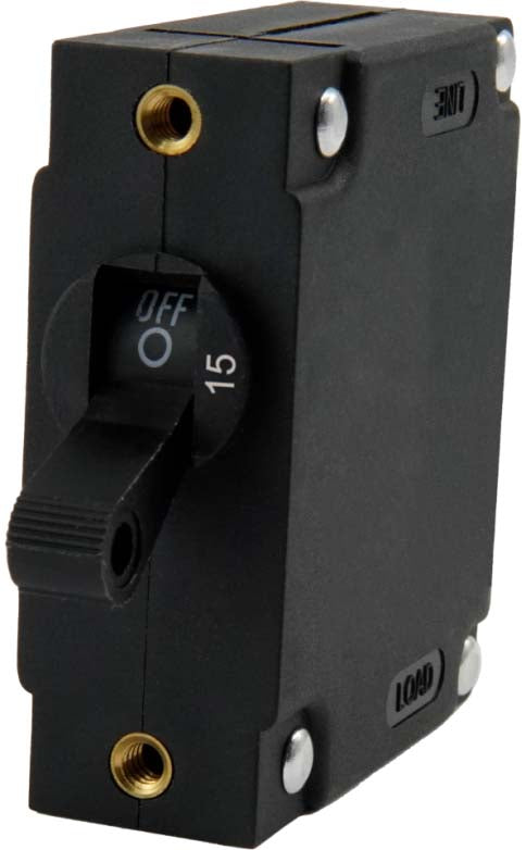 A Series Black Toggle Panel Mount Circuit Breaker, Single Pole AC/DC, 15 Amp, Retail Pack