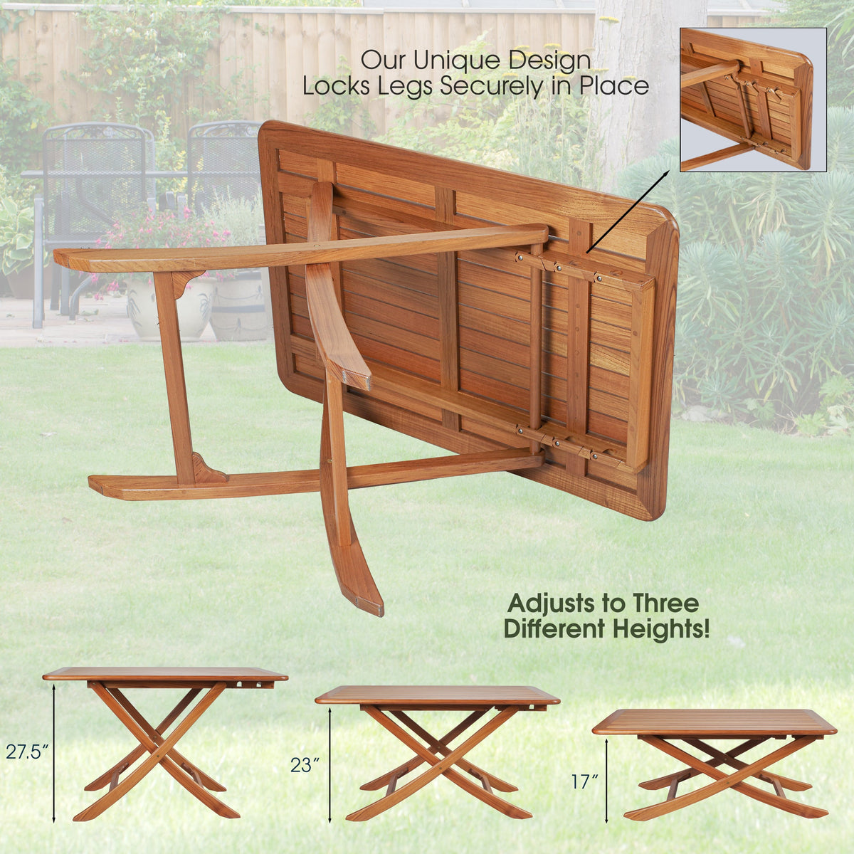 43-3/8" Premium Grade Teak Large Adjustable Slat Top Table