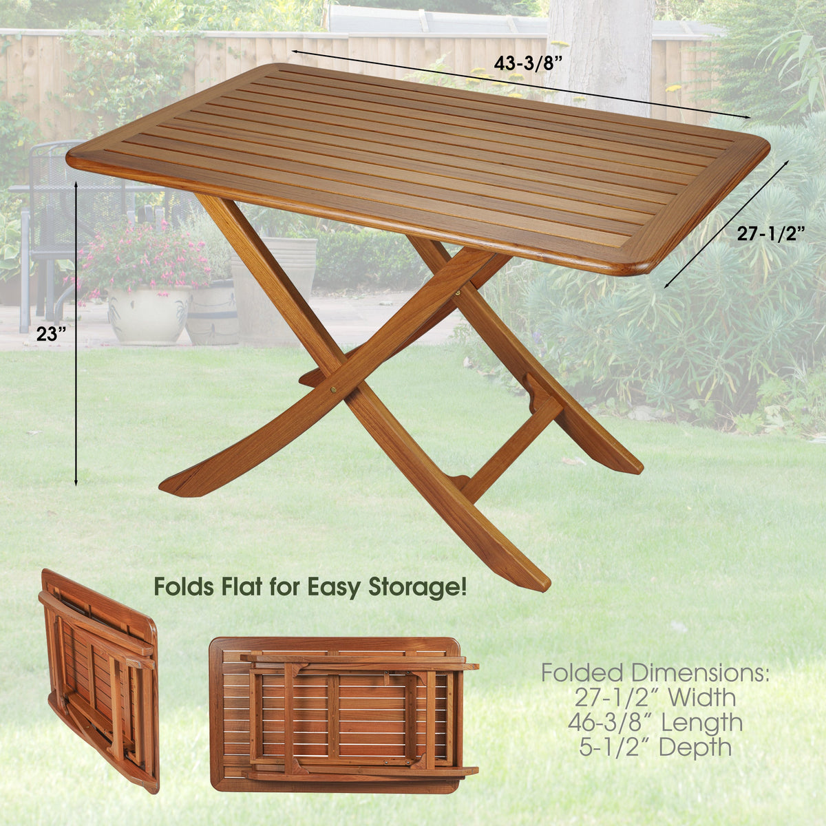 43-3/8" Premium Grade Teak Large Adjustable Slat Top Table