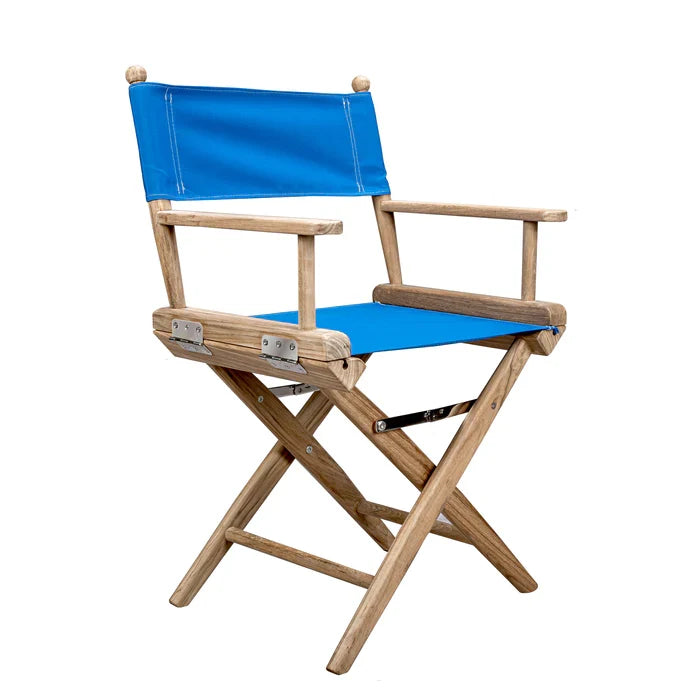 Premium Grade Teak Folding Directors Chair with Pacific Blue Sunbrella Fabric Covers