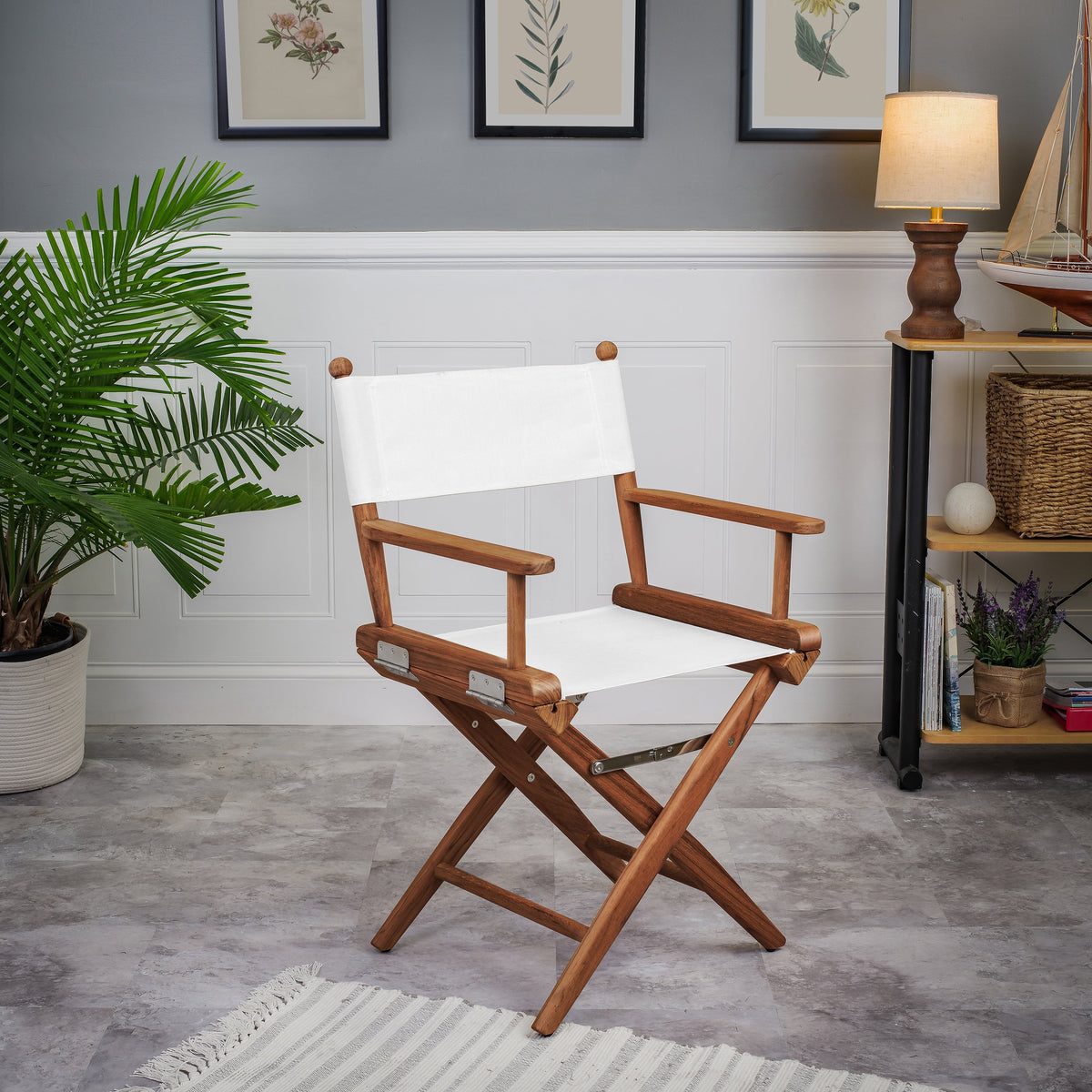 Premium Grade Teak Newport Folding Directors Chair with White Sunbrella Fabric Seat Slings