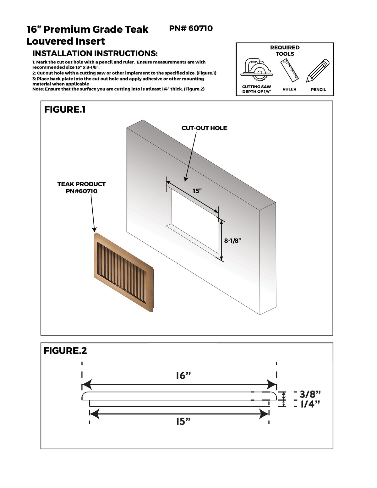 Teak Louvered Vent Insert or Register, 15" H x 8-1/8" W Cutout