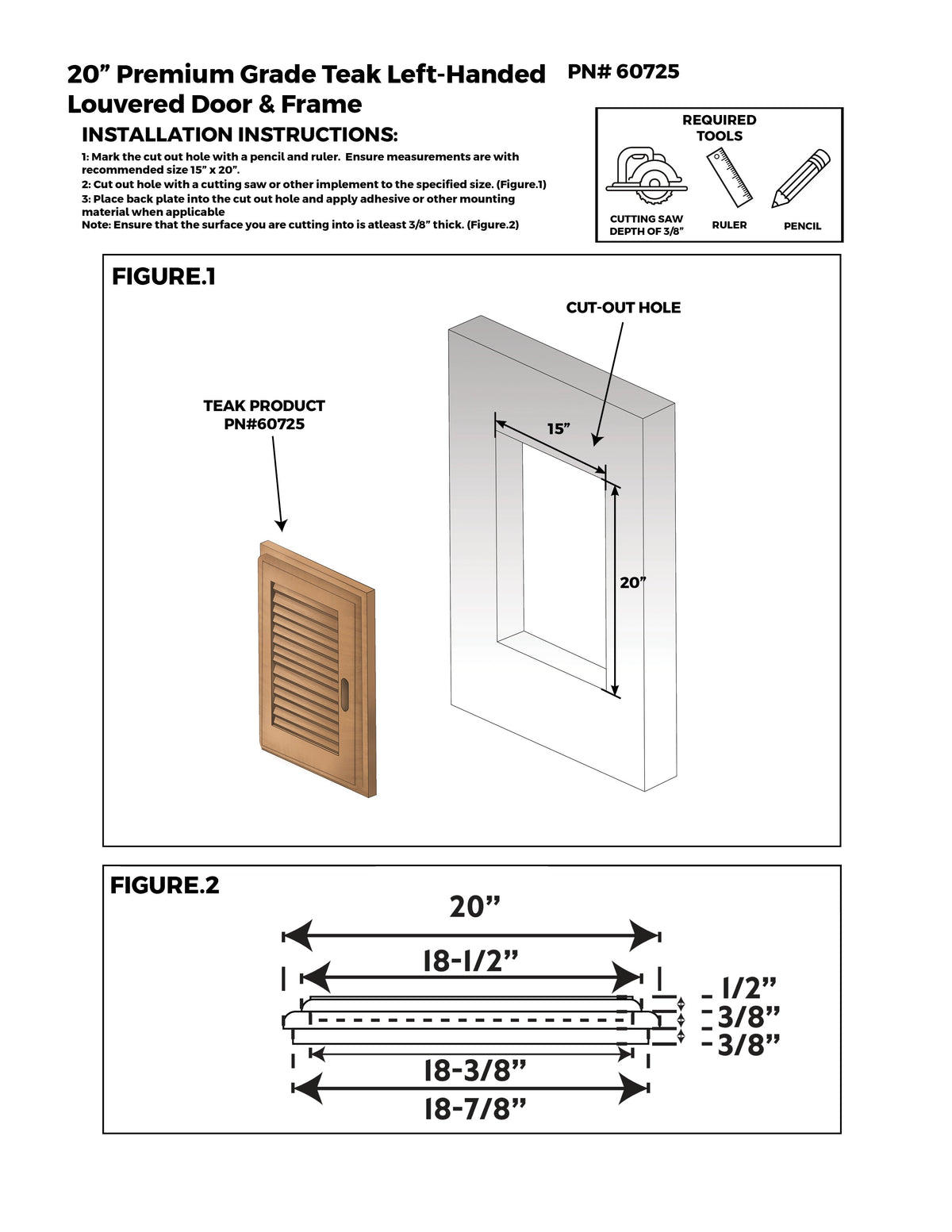 Teak Louvered Door & Frame, 15" x 20", Left Handed