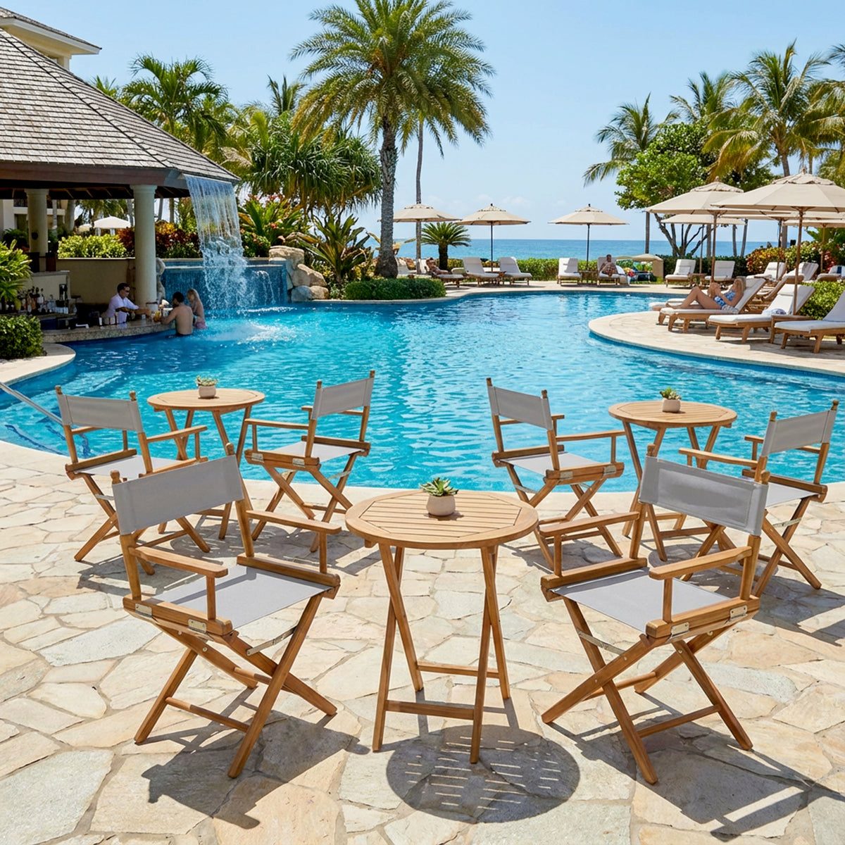 Premium Grade Teak Folding Newport Directors Chair with Grey Sunbrella Fabric Seat Slings