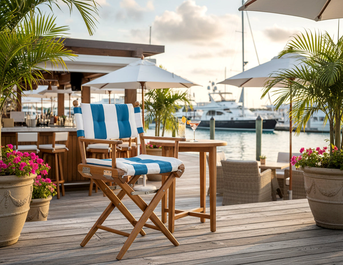 Premium Grade Teak Newport Folding Director's Chair with Cabana Regatta Sunbrella Fabric Seat Cushions