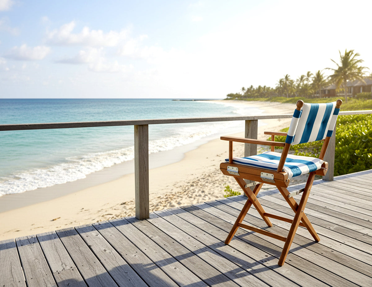 Premium Grade Teak Newport Folding Director's Chair with Cabana Regatta Sunbrella Fabric Seat Cushions