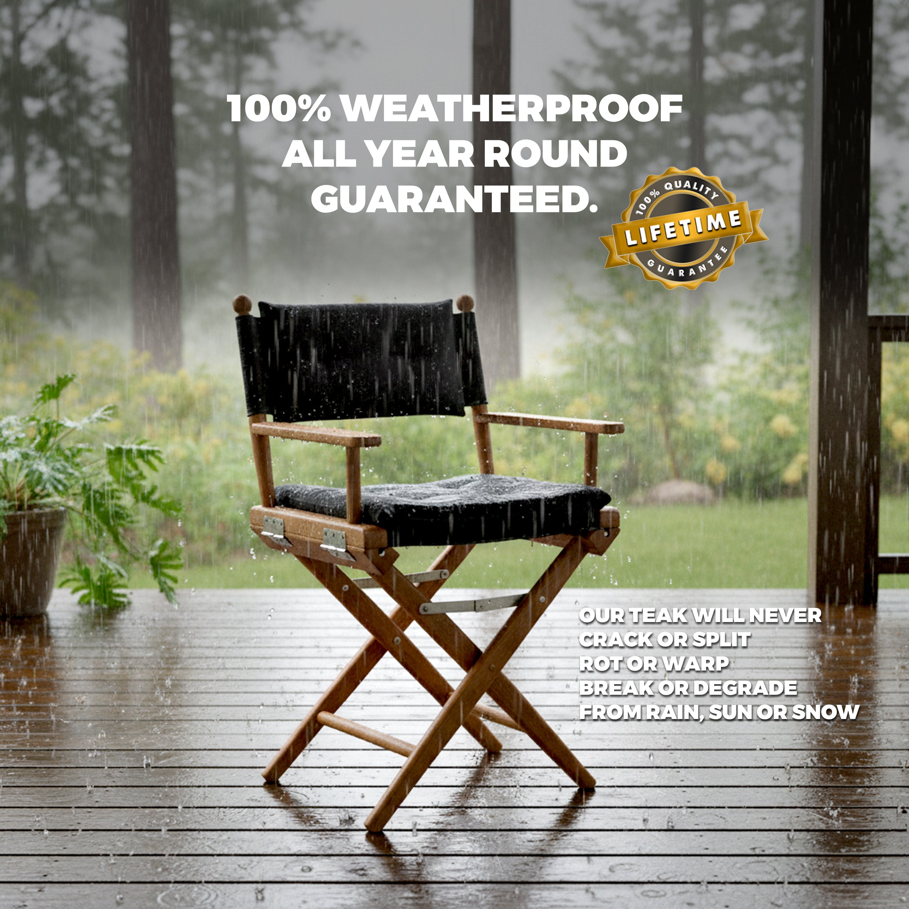 Premium Grade Teak Newport Folding Director's Chair with Black Sunbrella Fabric Seat Cushions