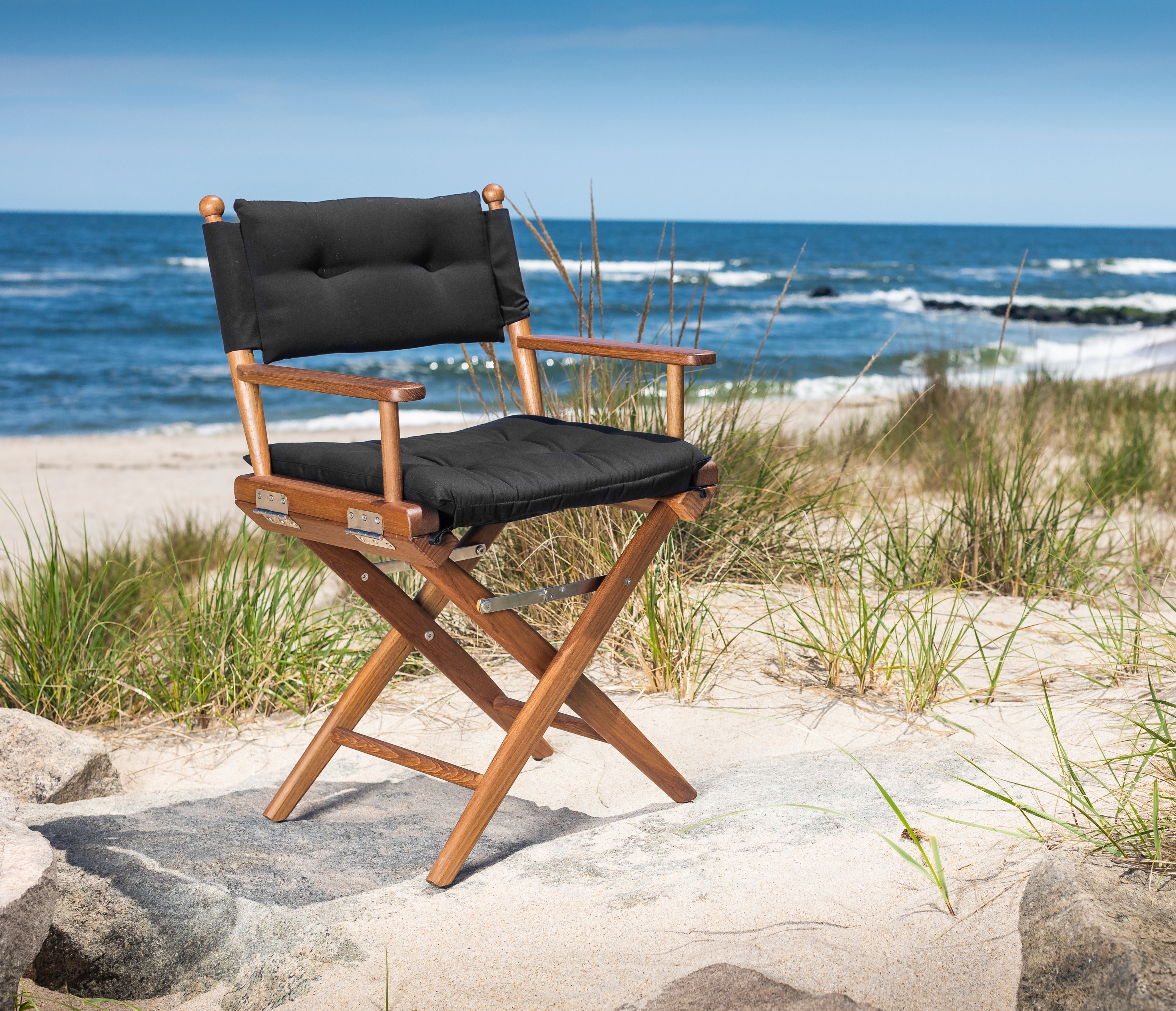 Premium Grade Teak Newport Folding Director's Chair with Black Sunbrella Fabric Seat Cushions
