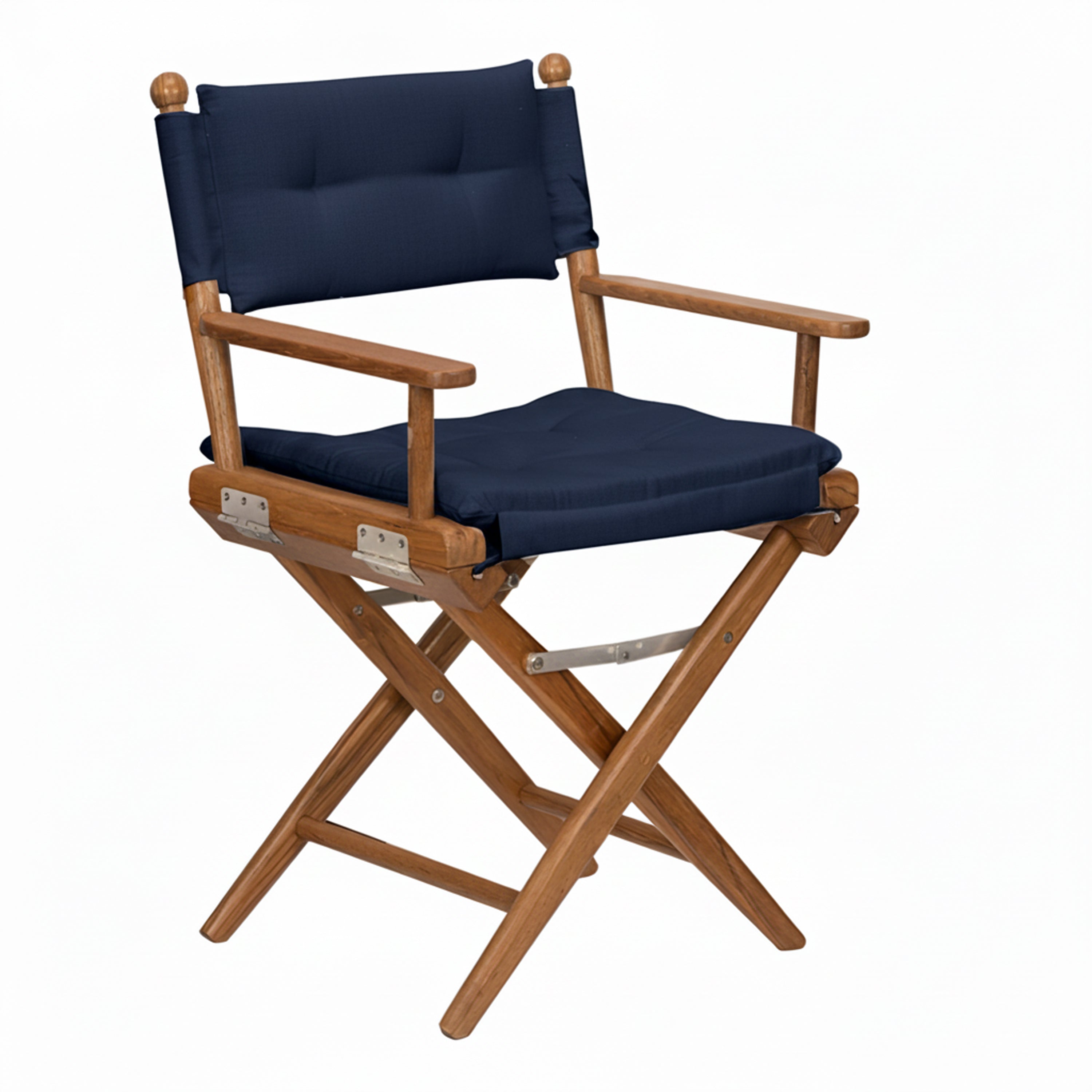 Premium Grade Teak Folding Director's Chair with Navy Sunbrella Fabric Seat Cushions