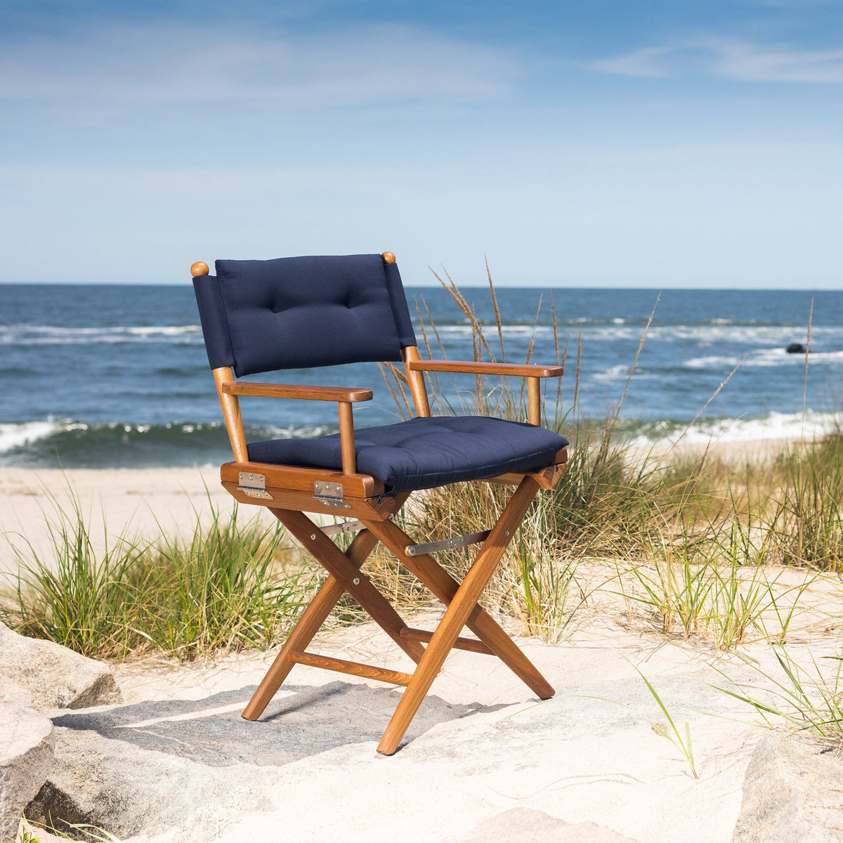 Premium Grade Teak Folding Director's Chair with Navy Sunbrella Fabric Seat Cushions