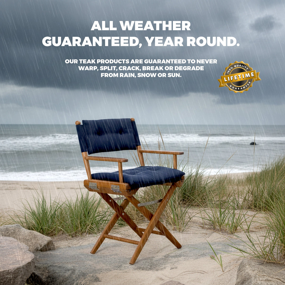 Premium Grade Teak Folding Director's Chair with Navy Sunbrella Fabric Seat Cushions