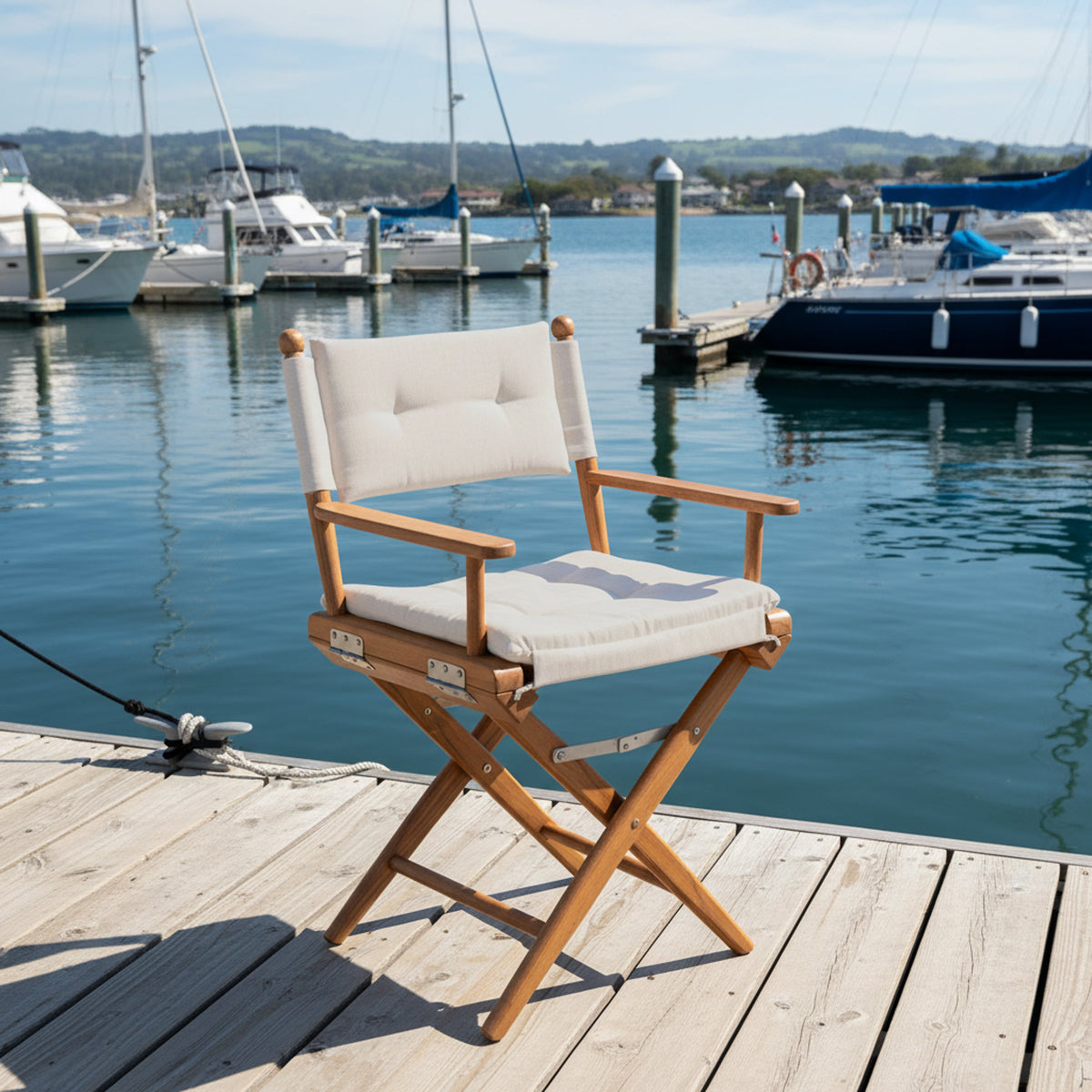 Premium Grade Teak Newport Folding Director's Chair with Oyster Sunbrella Fabric Seat Cushions