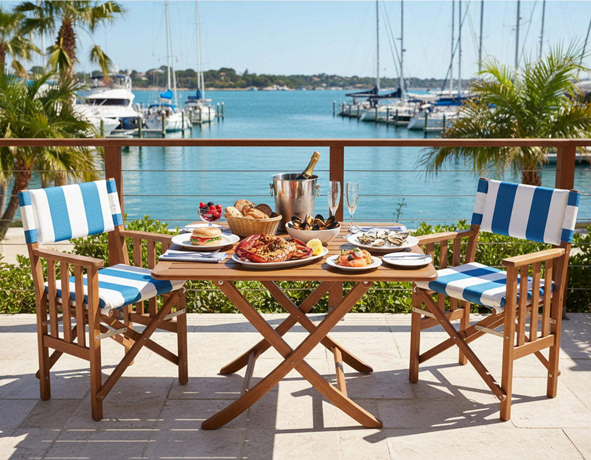Premium Grade Teak Folding Hemmingway Director's Chair with Cabana Regatta Sunbrella Fabric Seat Cushions
