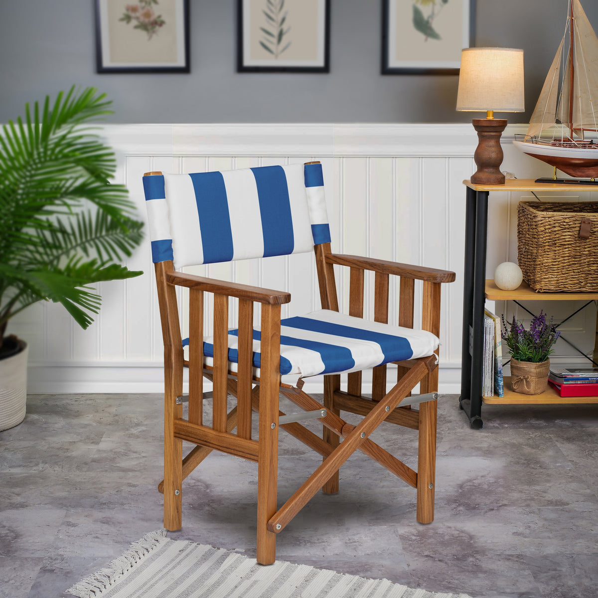Premium Grade Teak Folding Hemmingway Director's Chair with Cabana Regatta Sunbrella Fabric Seat Cushions