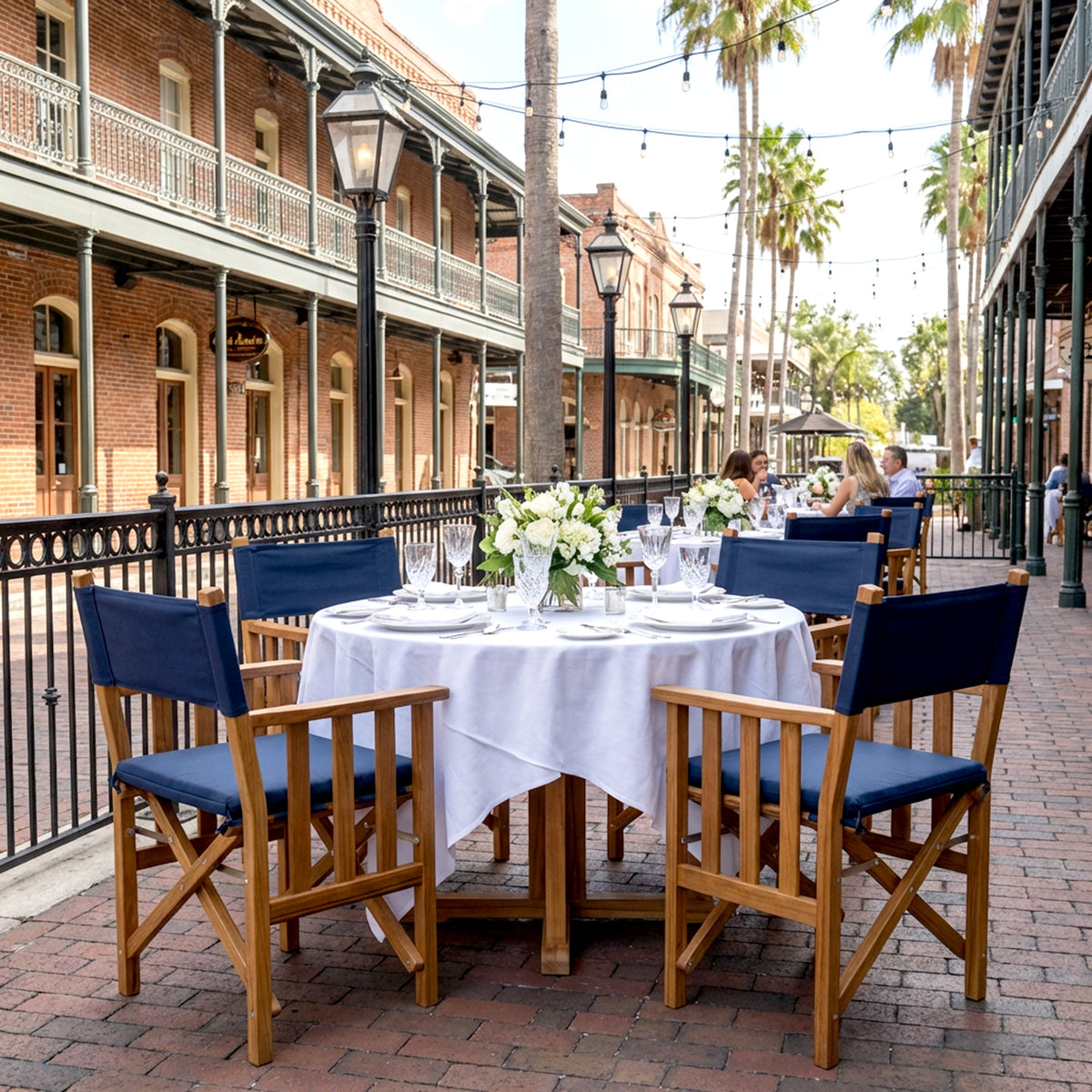 Premium Grade Teak Folding Hemmingway Director's Chair with Navy Sunbrella Fabric Seat Cushions
