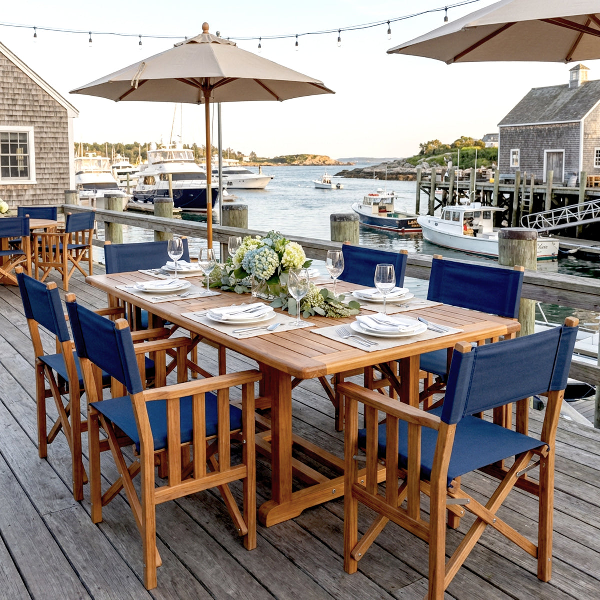 Premium Grade Teak Folding Hemmingway Director's Chair with Navy Sunbrella Fabric Seat Cushions