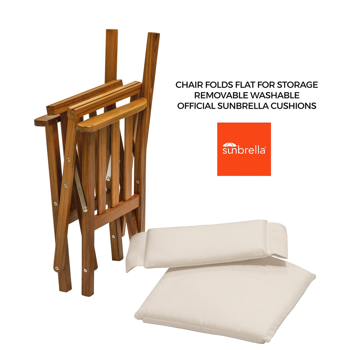 Premium Grade Teak Folding Director's Chair II with Oyster Sunbrella Fabric Seat Cushions