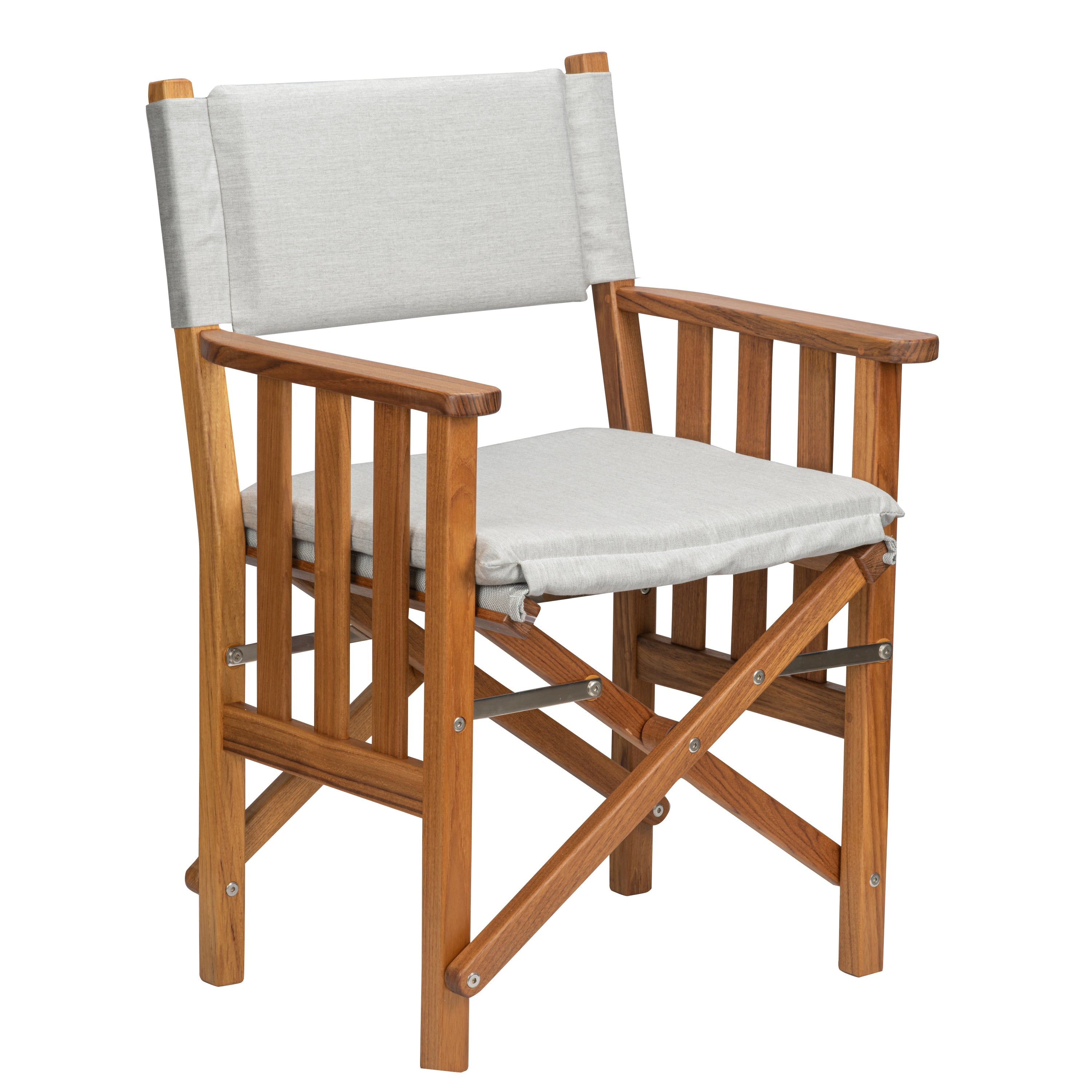 Premium Grade Teak Folding Director's Chair II with Grey Sunbrella Fabric Seat Cushions