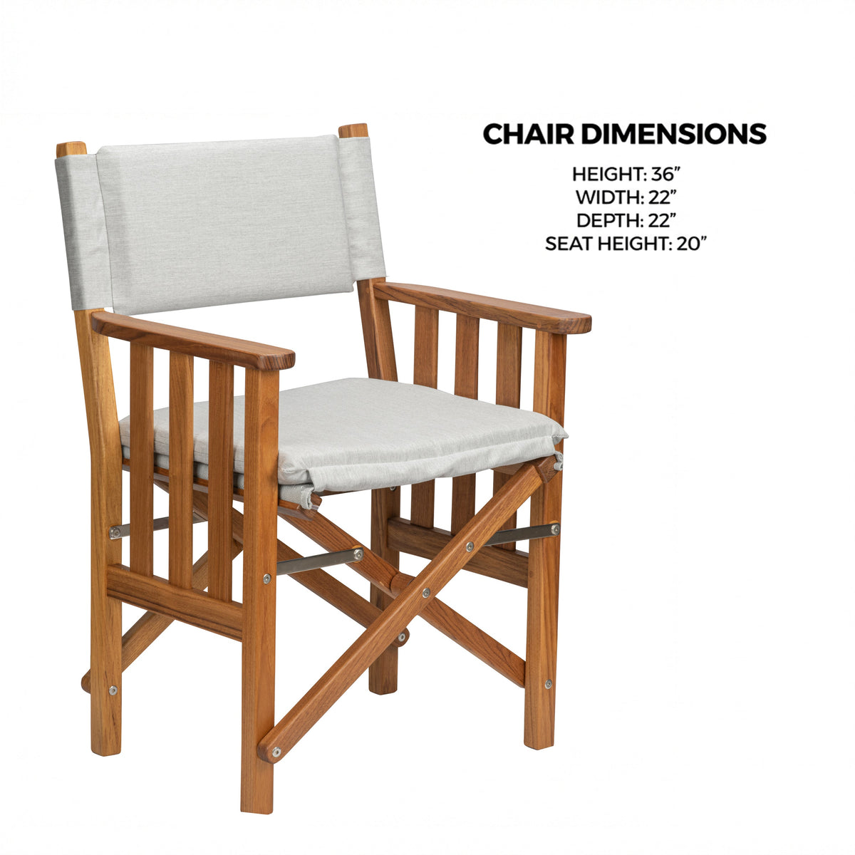 Premium Grade Teak Folding Director's Chair II with Grey Sunbrella Fabric Seat Cushions