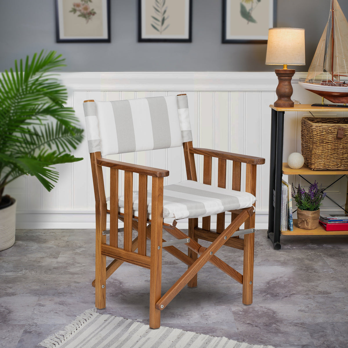 Premium Grade Teak Folding Hemmingway Director's Chair with Solana Seagull Sunbrella Fabric Seat Cushions