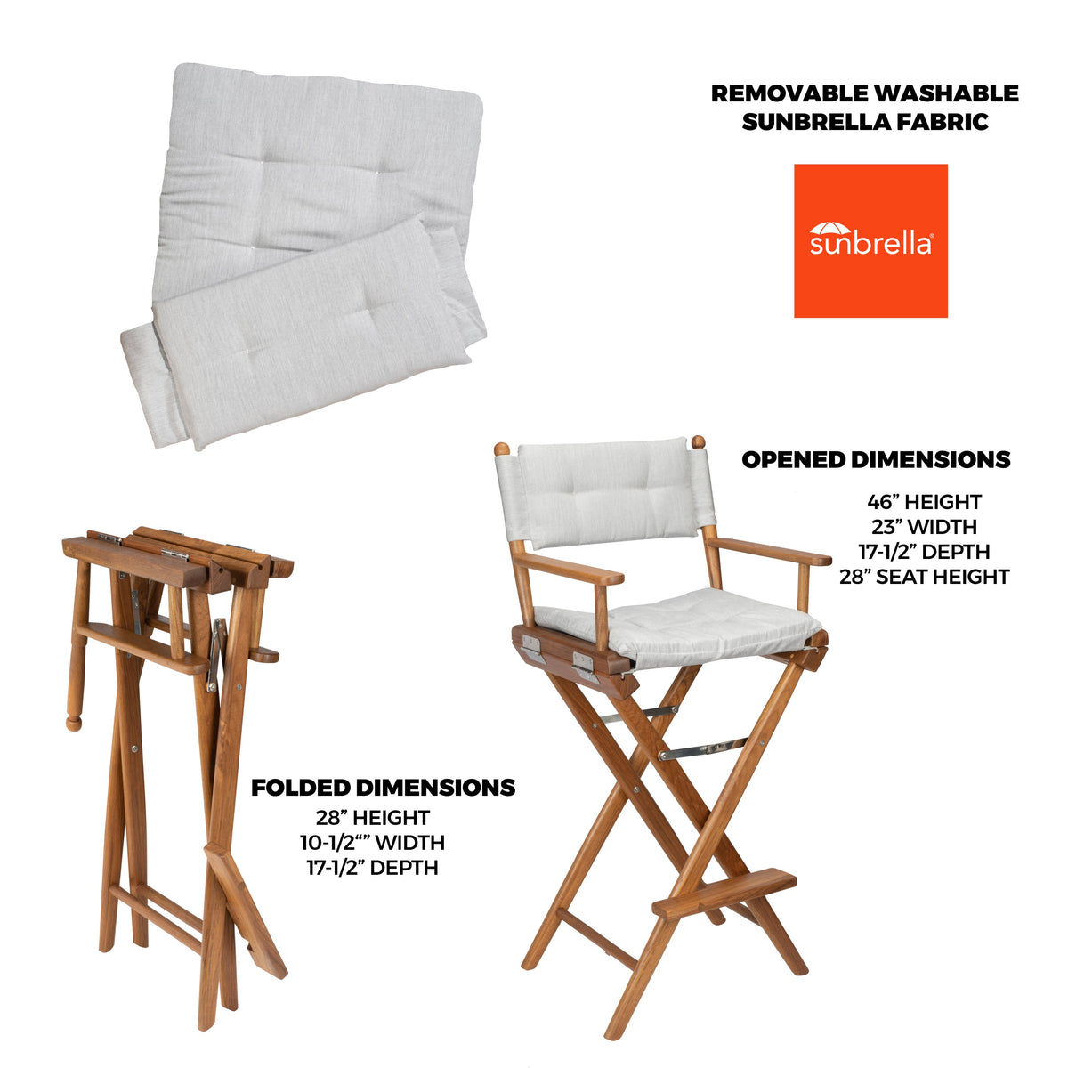 Premium Grade Teak Folding Captains Chair with Grey Sunbrella Seat Cushions
