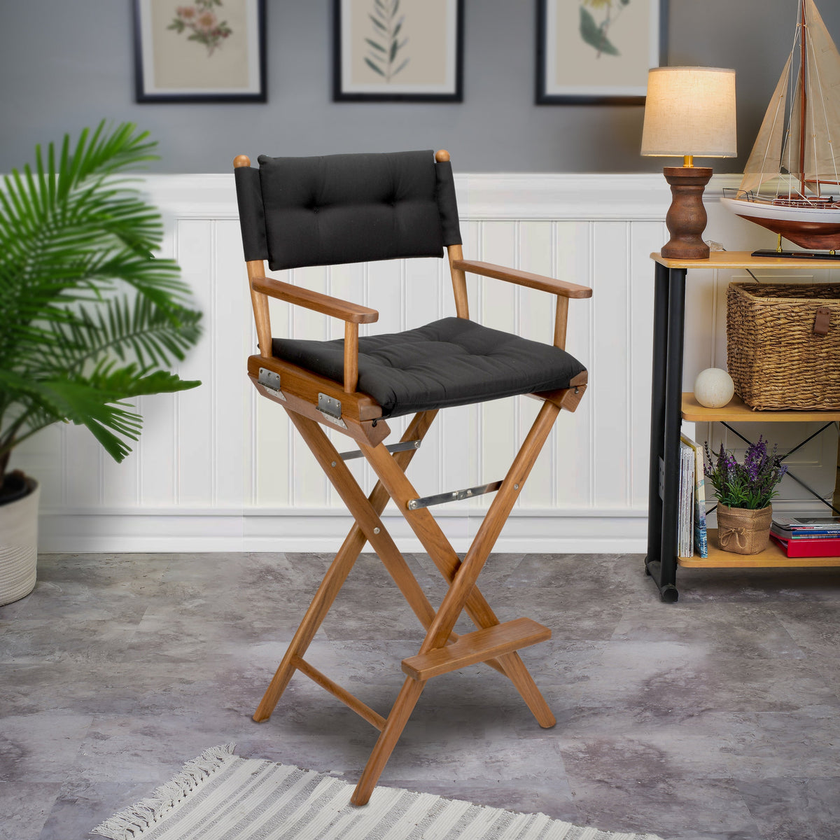 Premium Grade Teak Folding Captains Chair with Black Sunbrella Fabric Seat Slings