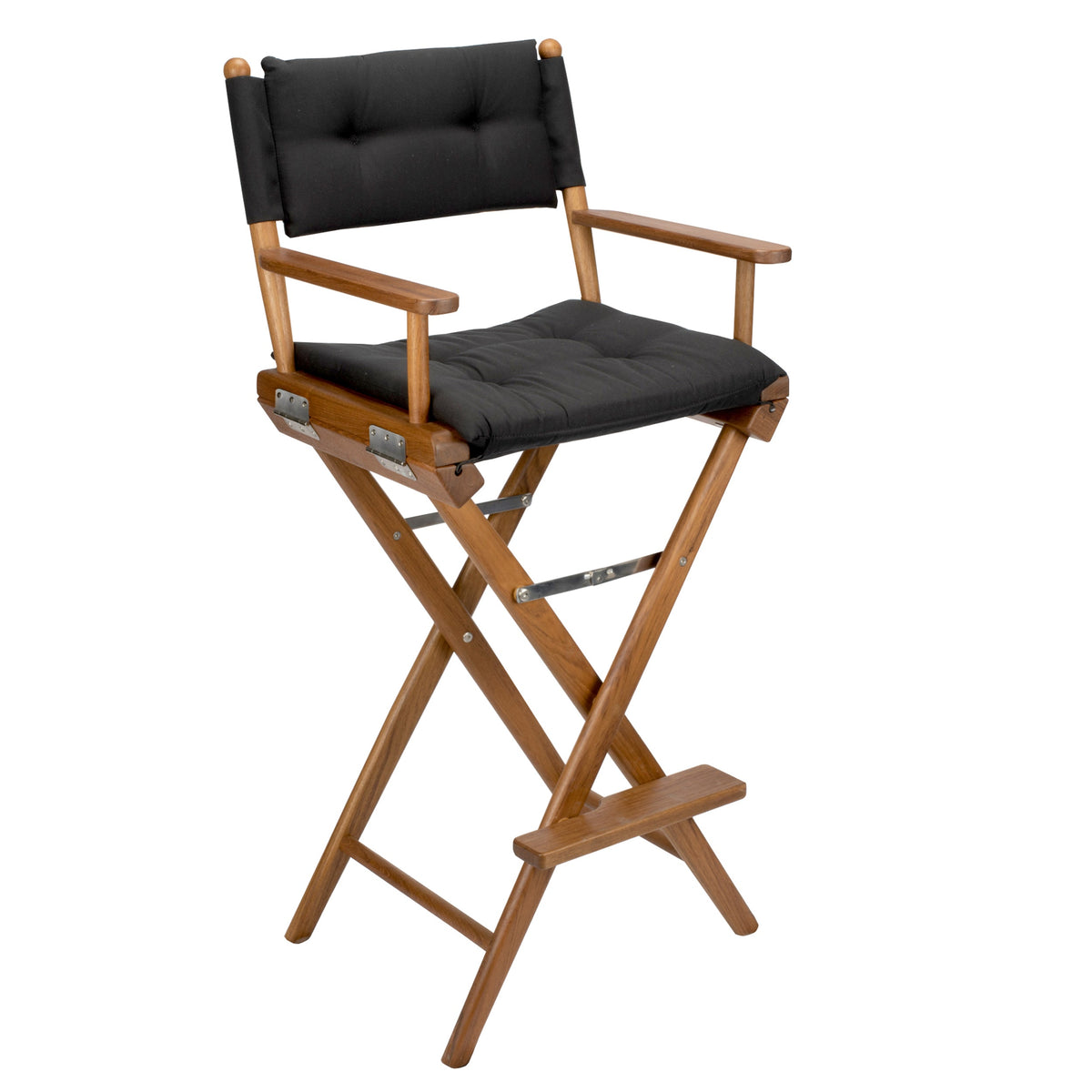 Premium Grade Teak Folding Captains Chair with Black Sunbrella Fabric Seat Slings