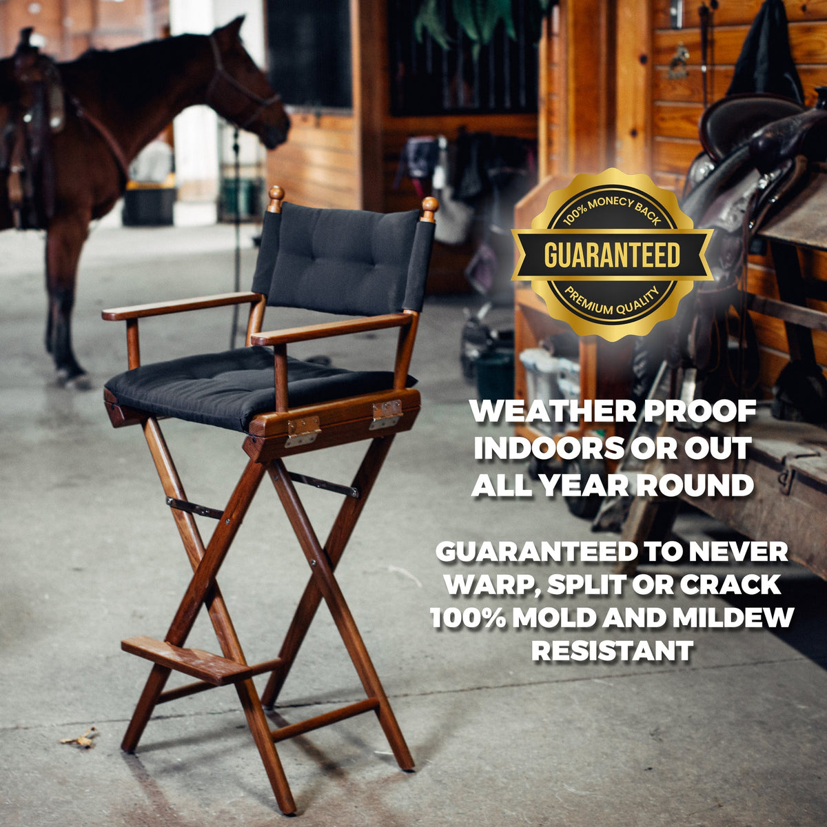 Premium Grade Teak Folding Captains Chair with Black Sunbrella Fabric Seat Slings