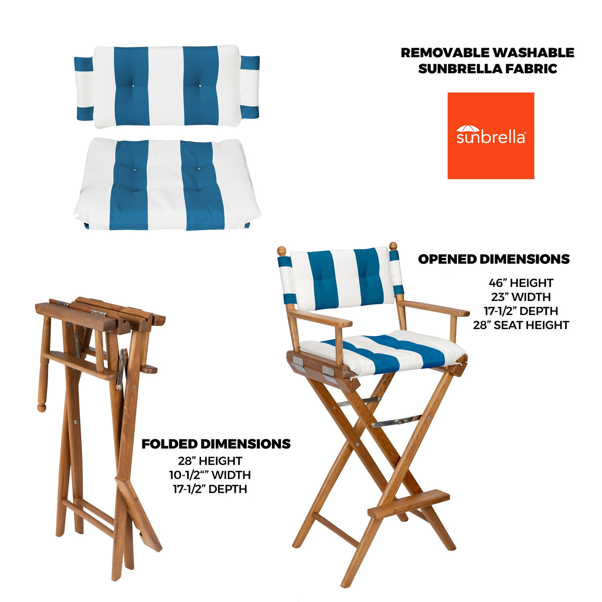 Premium Grade Teak Folding Captains Chair with Cabana Regatta Sunbrella Seat Cushions