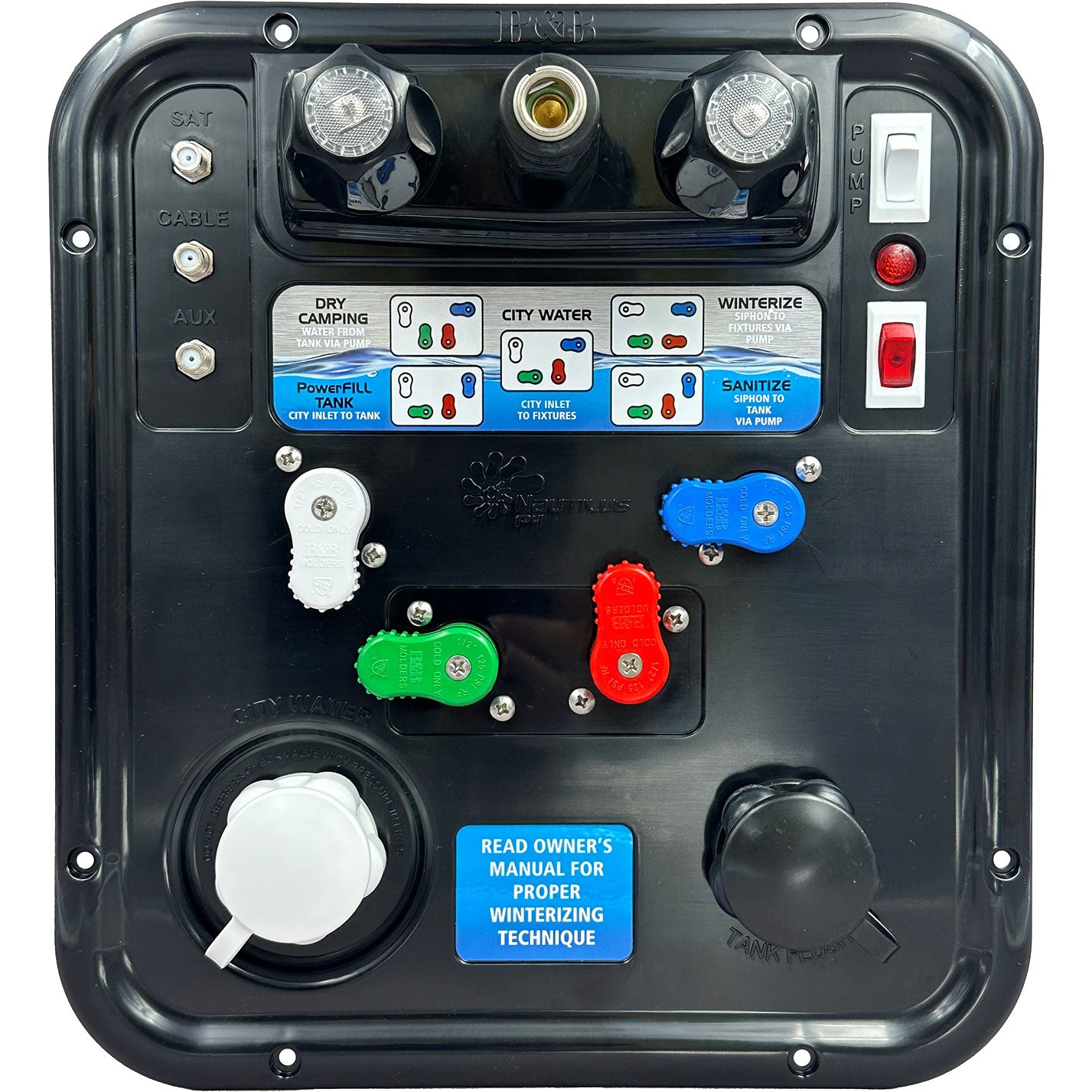 Mini Docking Station – City Fill, Tank fill or Winterize, Tank Flush, 2 Switches<br>Product Dimensions: 6 1/2″ H x  7 5/8″ W x 2 1/8″ D