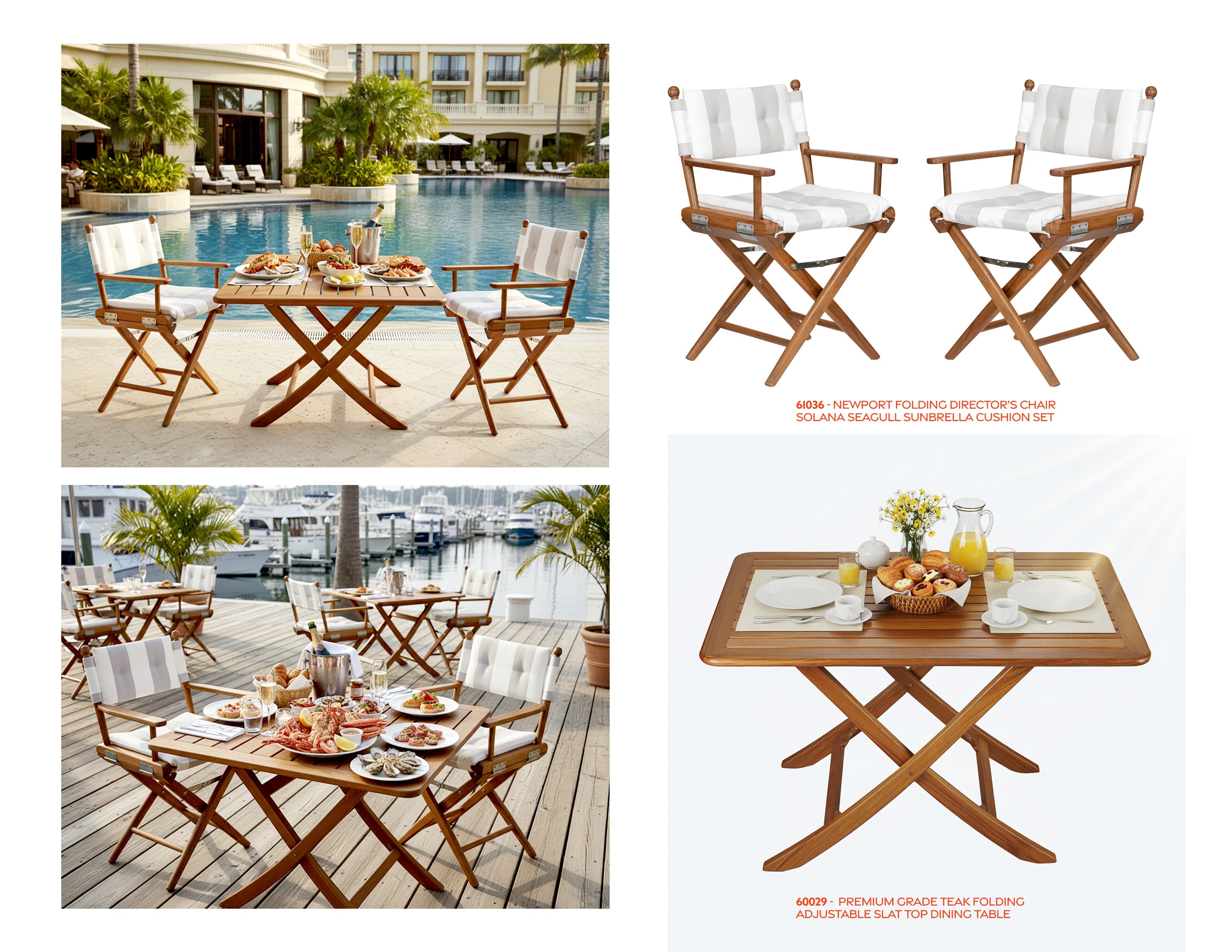 Premium Grade Teak Newport Folding Director's Chair with Solana Seagull Sunbrella Fabric Seat Cushions