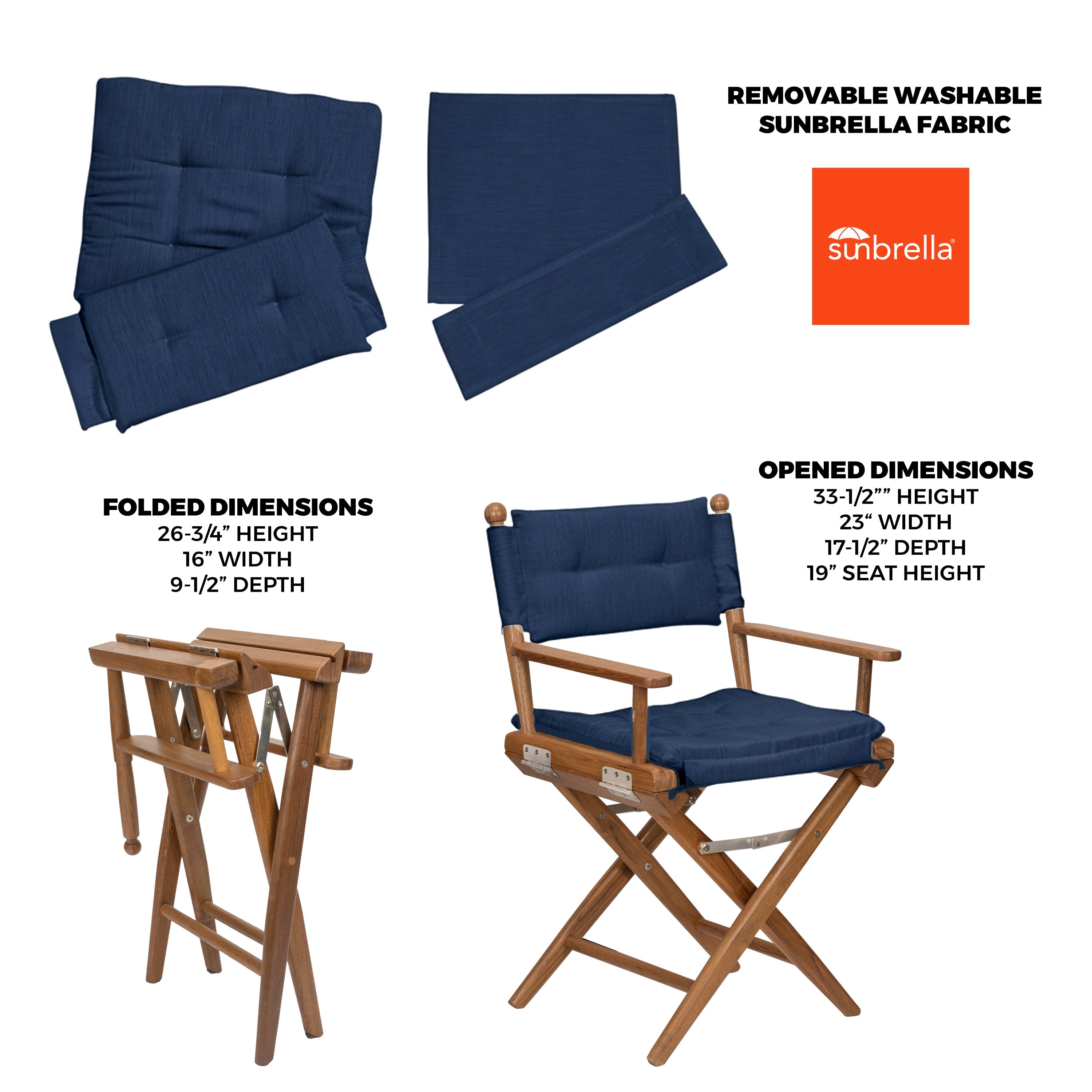 Premium Grade Teak Folding Director's Chair with Navy Sunbrella Fabric Seat Cushions