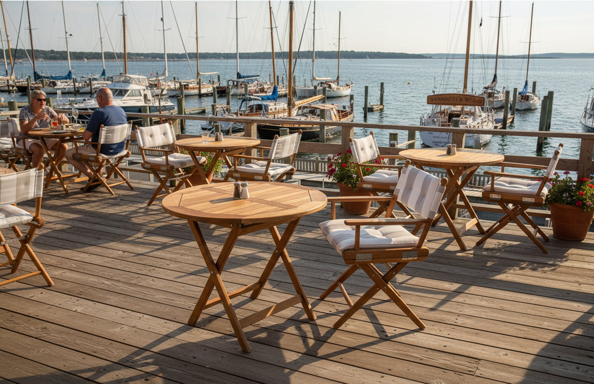 Premium Grade Teak Newport Folding Director's Chair with Solana Seagull Sunbrella Fabric Seat Cushions