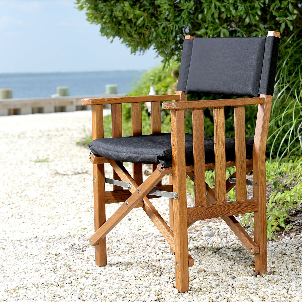 Premium Grade Teak Hemmingway Folding Director's Chair with Black Sunbrella Fabric Seat Cushions