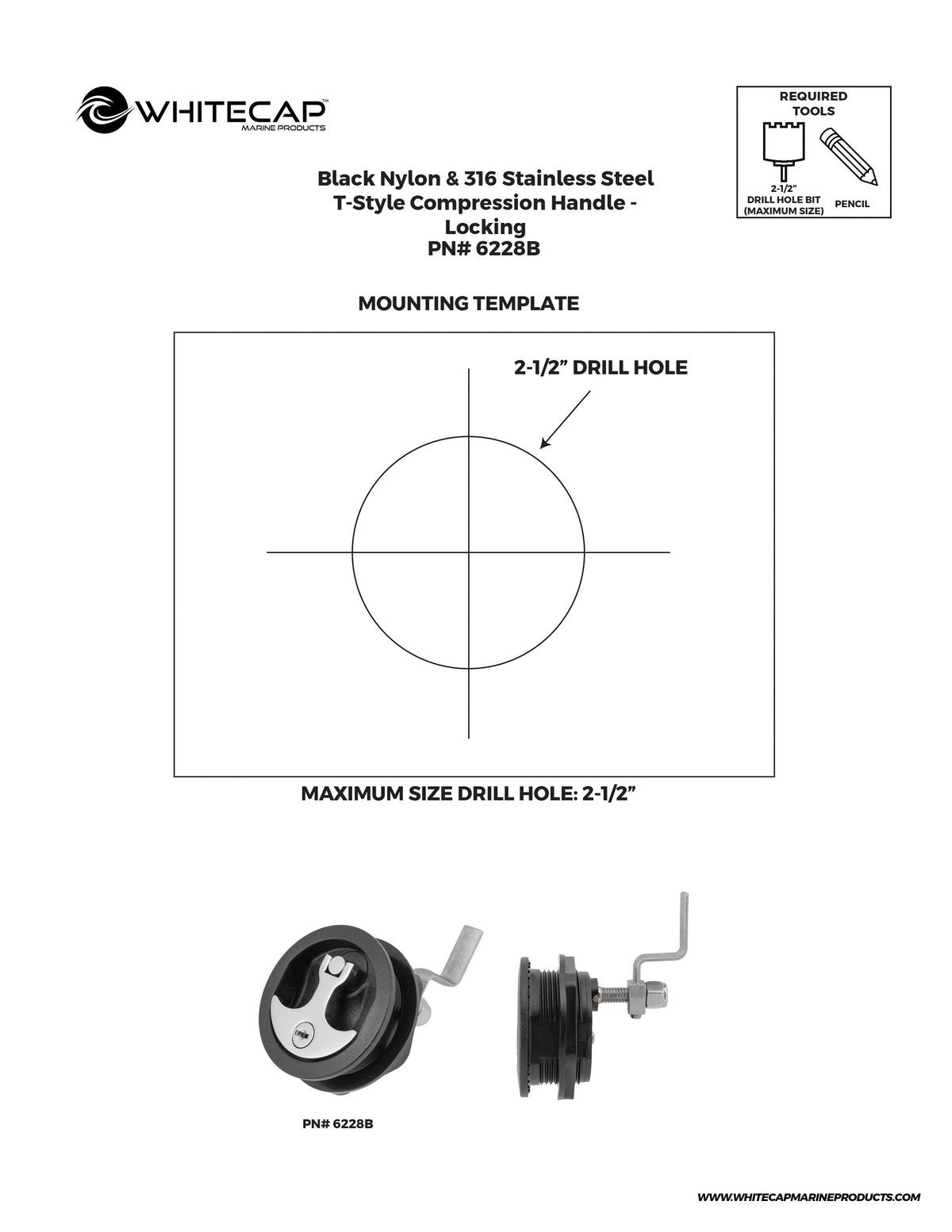 T-Handle Locking Latch, 3" Black Nylon/Chrome T-Handle, NO Cam Bar, S-9415B